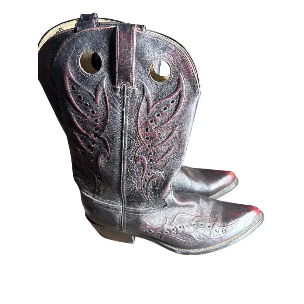 Vintage Durango Dark Cherry Black Leather Buckaroo Cowboy Boots Pointed Toe